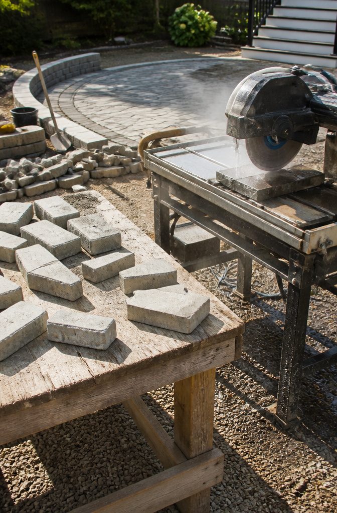 A wet saw cutting pavers for a patio installation.