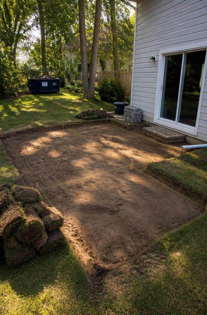 A dug-out area showing depth for a paver patio.