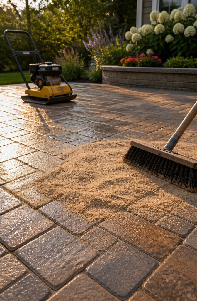 Polymeric sand being swept into the joints of pavers.