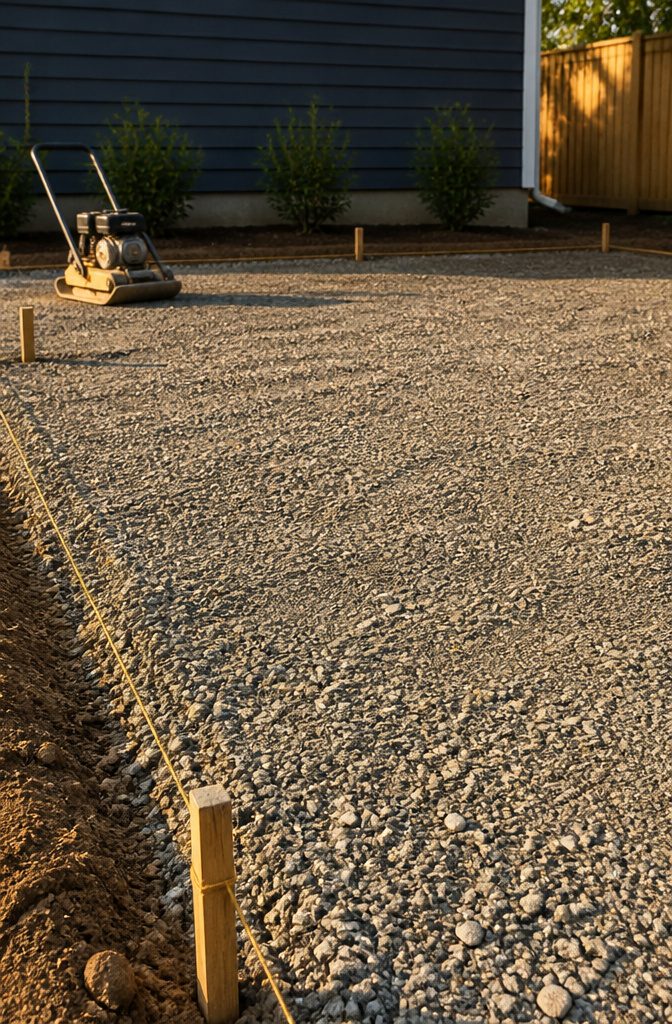 A compacted gravel base for a paver patio.
