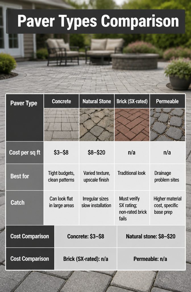 A chart comparing various types of pavers and their prices.
