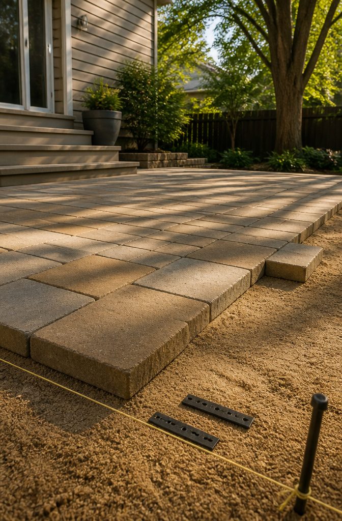 Pavers being installed on a sand bed for a patio.