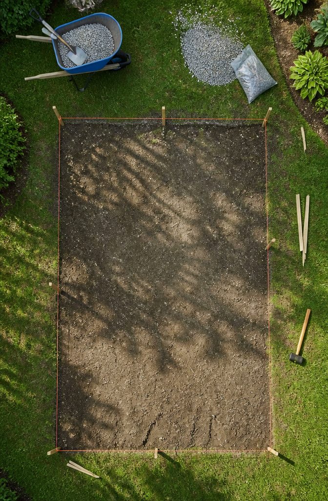 Stakes and string marking the perimeter of a patio area.