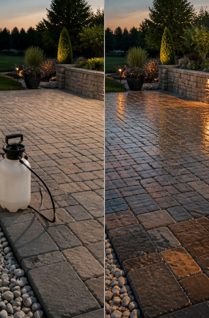 A sealant being applied to a paver patio surface.