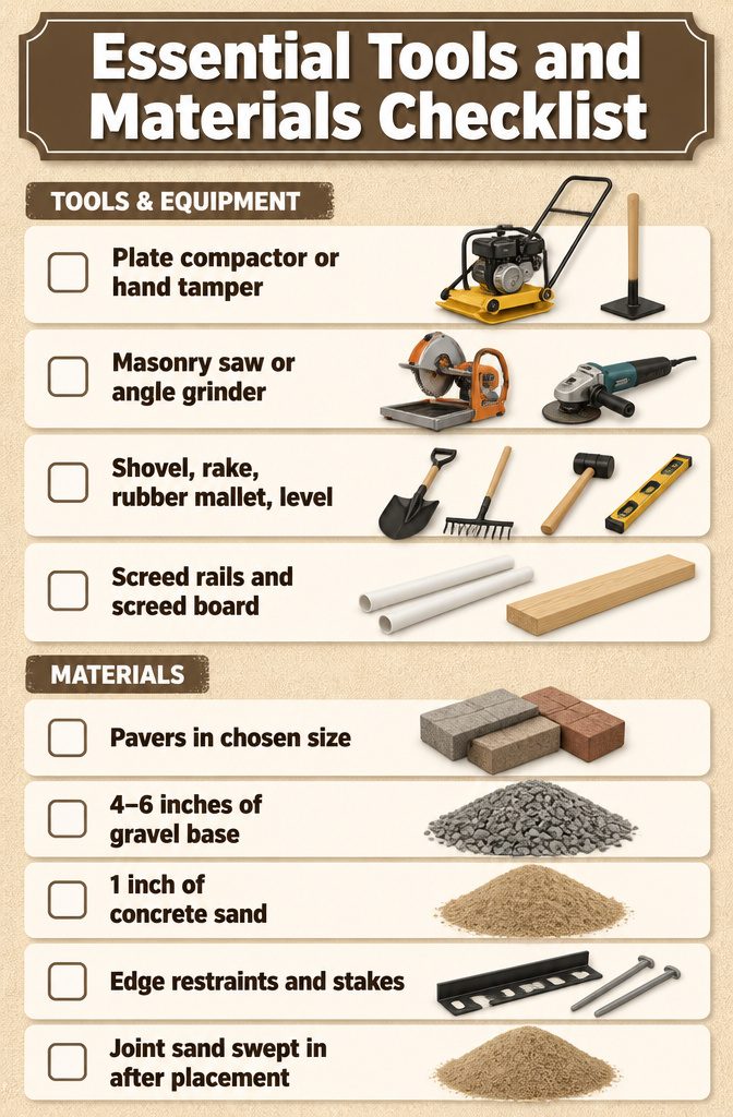 A checklist of tools and materials needed for paver installation.