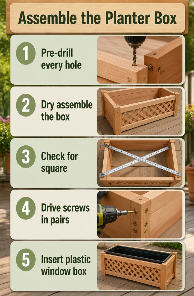 How to Build a DIY Planter Box with Trellis in 6 Steps 3 Cedar boards being assembled with pre-drilled holes and screws.