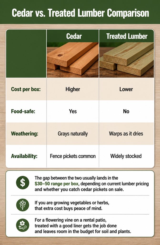 How to Build a DIY Planter Box with Trellis in 6 Steps 7 Comparison of cedar and treated lumber for planter boxes.