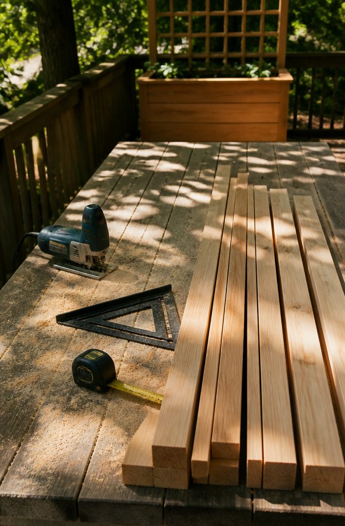How to Build a DIY Planter Box with Trellis in 6 Steps 2 Cut cedar boards alongside a carpenter's square and measuring tape.