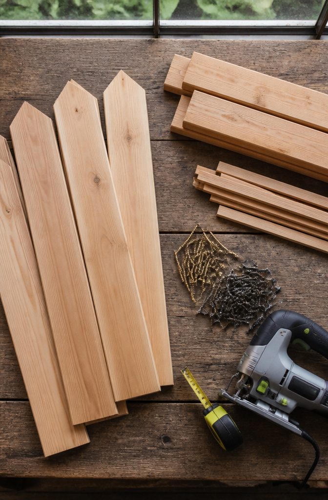 How to Build a DIY Planter Box with Trellis in 6 Steps 1 A collection of cedar fence pickets and screws organized for building.