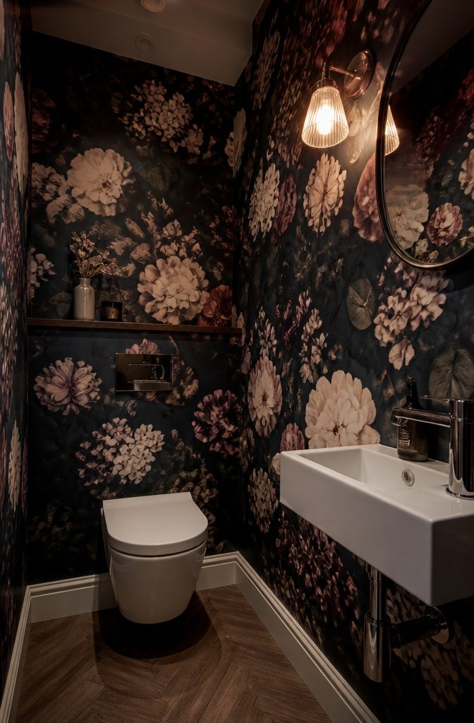 Intimate downstairs toilet with oversized navy floral wallpaper.