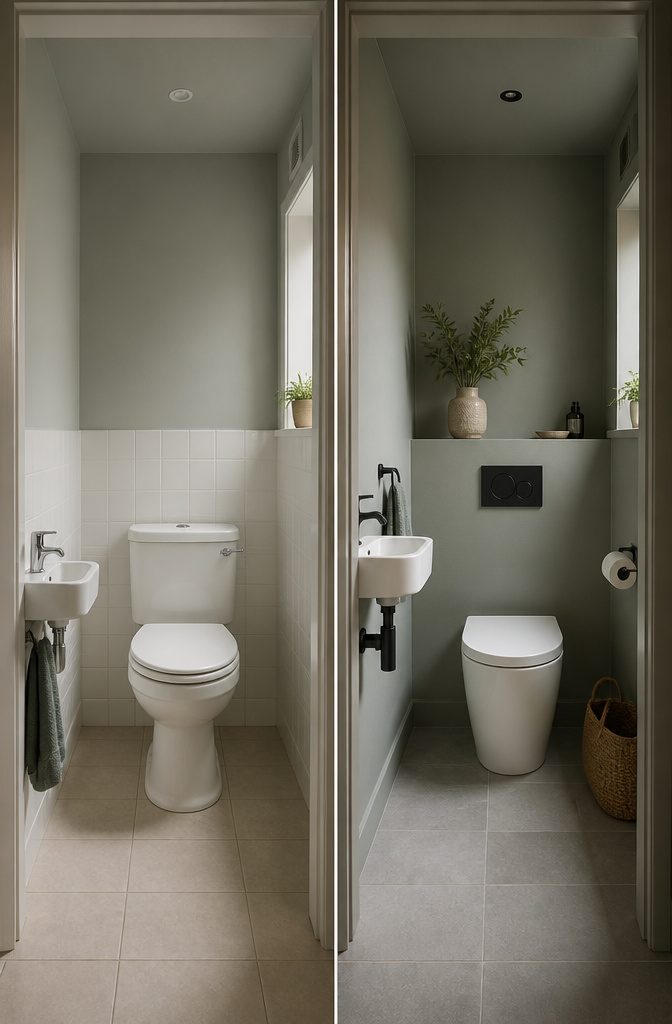 Small bathroom painted in light colors for a spacious feel.