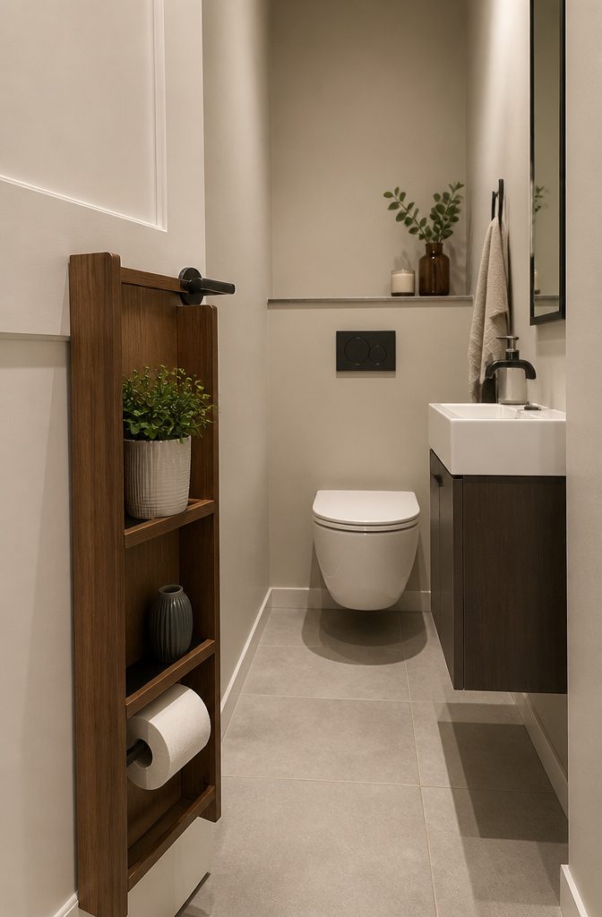 Compact bathroom with a slim console shelf and wall-mounted basin.