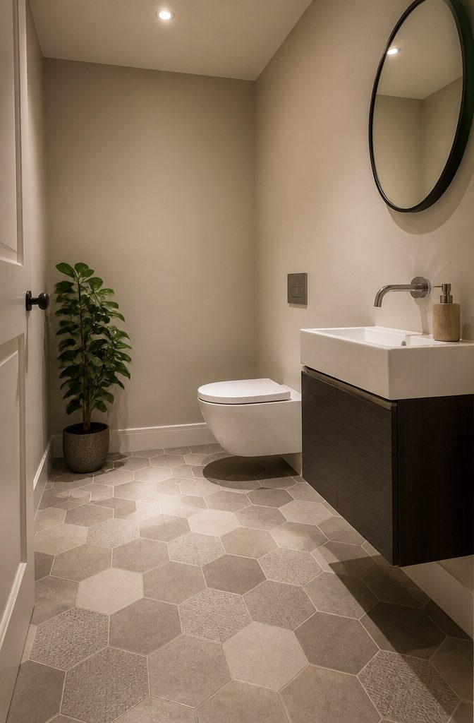 Stylish bathroom floor covered with matte hexagonal tiles.