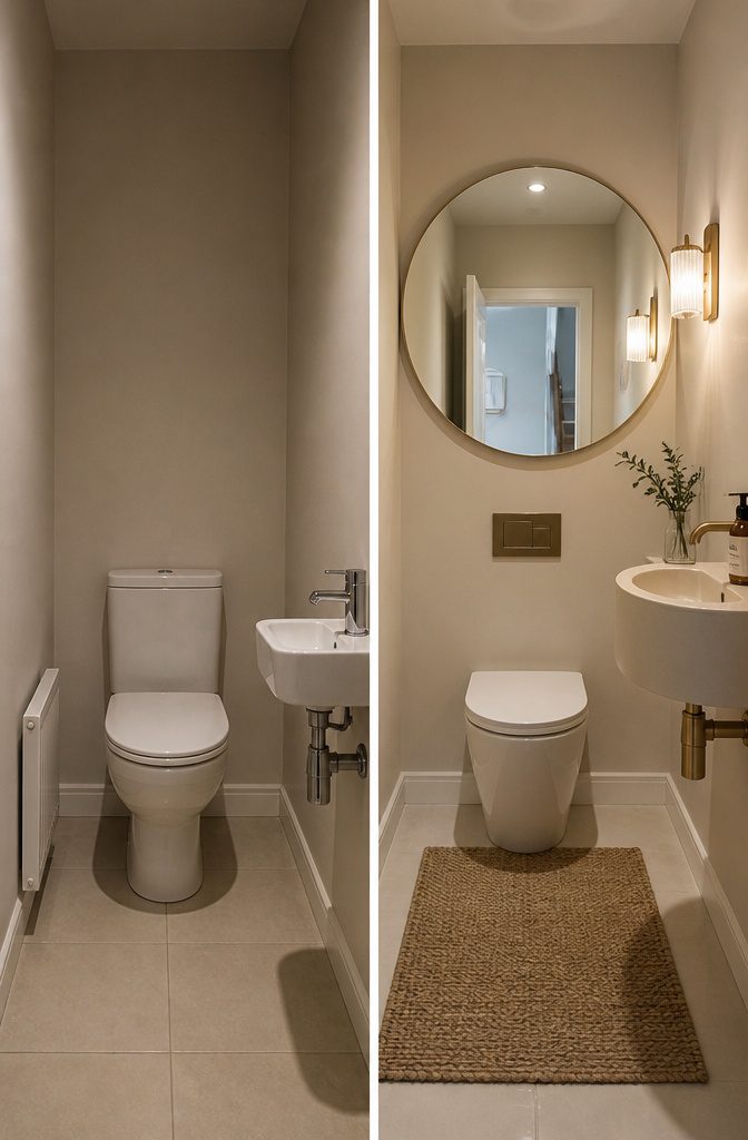 Round mirror mounted in a small bathroom to create depth.
