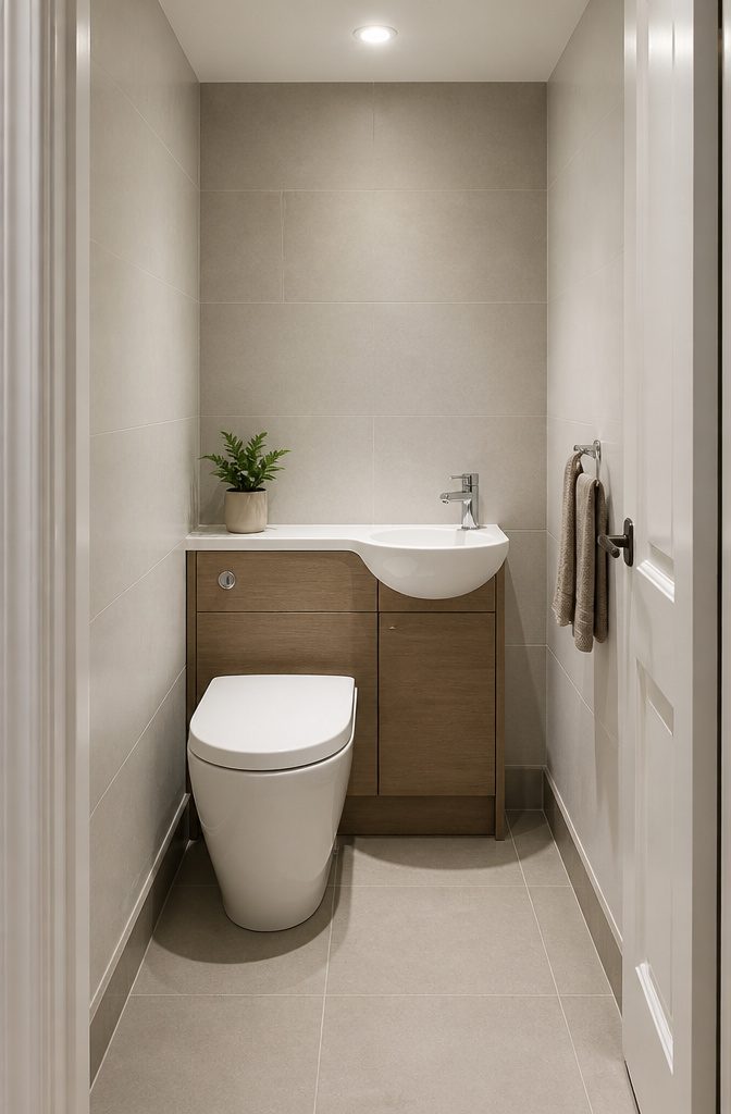Downstairs toilet with a combined toilet and sink unit.