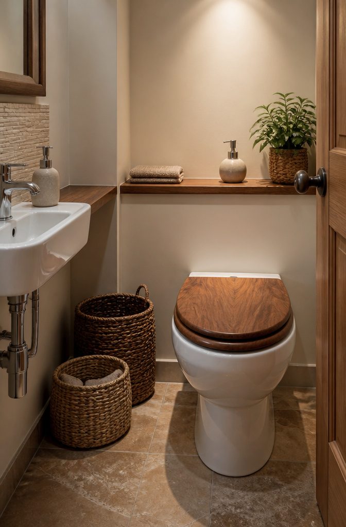Bathroom featuring a wooden toilet seat and woven storage baskets.