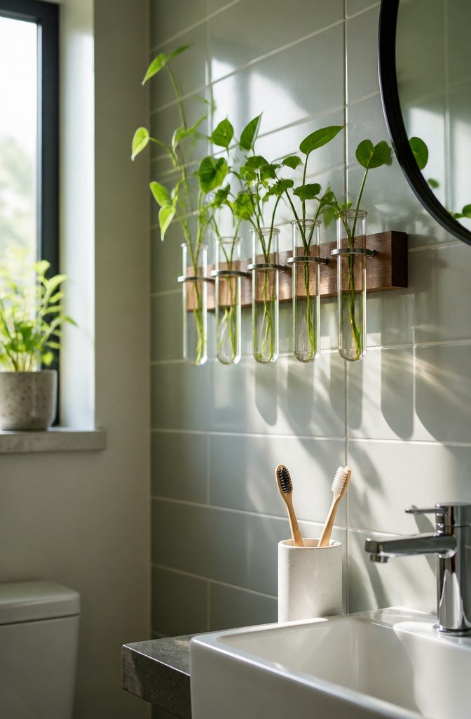 Small wall-mounted test tube station for plant cuttings.
