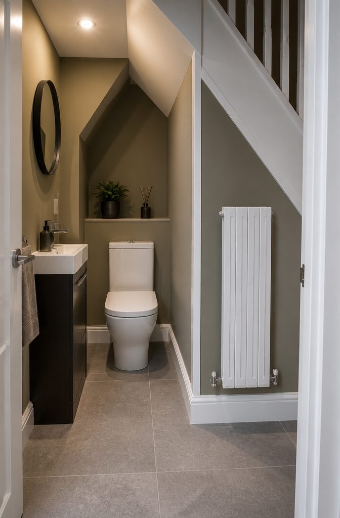 Vertical panel radiator installed in a compact downstairs toilet.