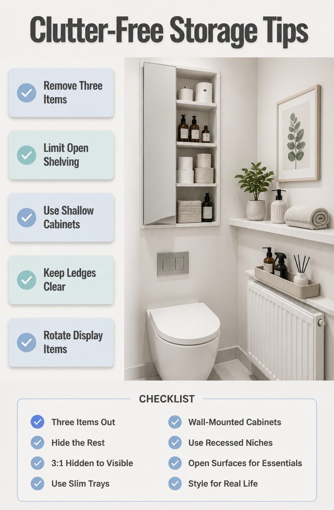 Tips for clutter-free storage in a small bathroom.