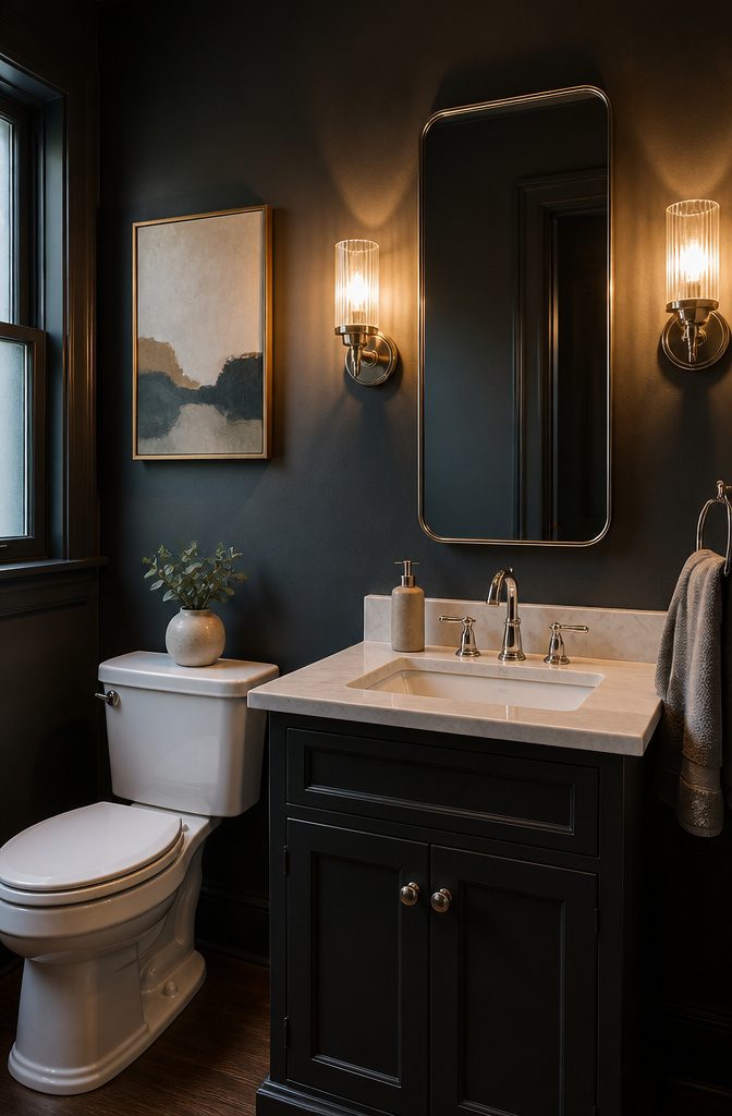 Two wall sconces illuminating a downstairs toilet.