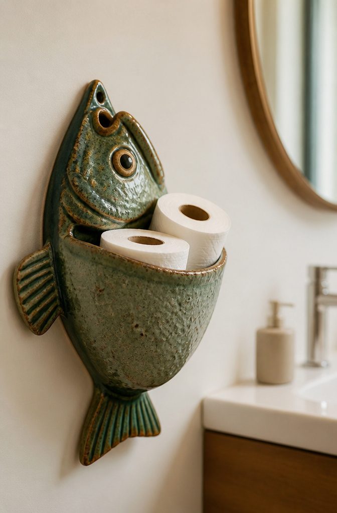 Quirky wall pocket shaped like a fish in a small bathroom.