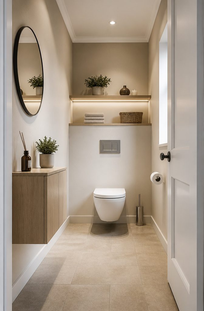 Slim wall-mounted cabinet in a compact bathroom.