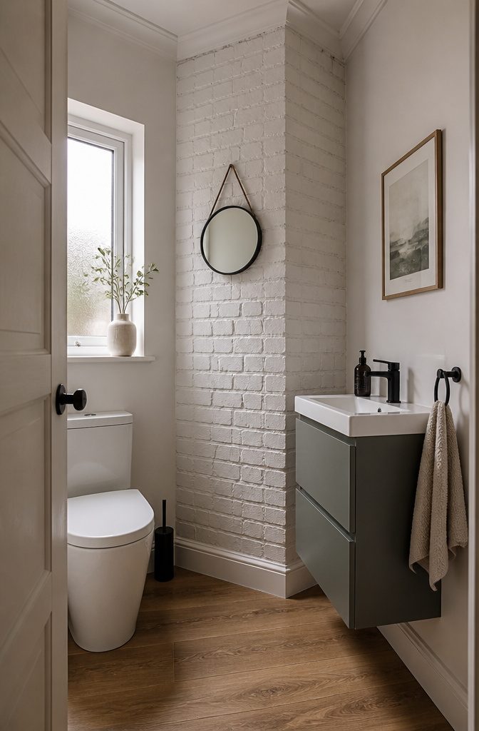 Downstairs toilet featuring an exposed brick chimney.