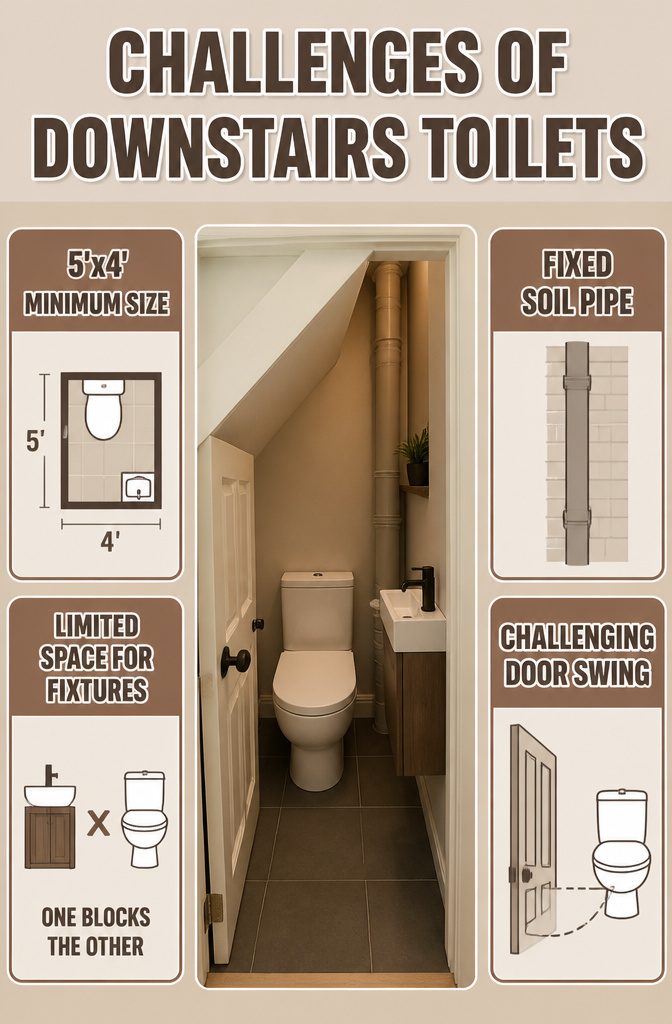 Information image discussing challenges of downstairs toilets.