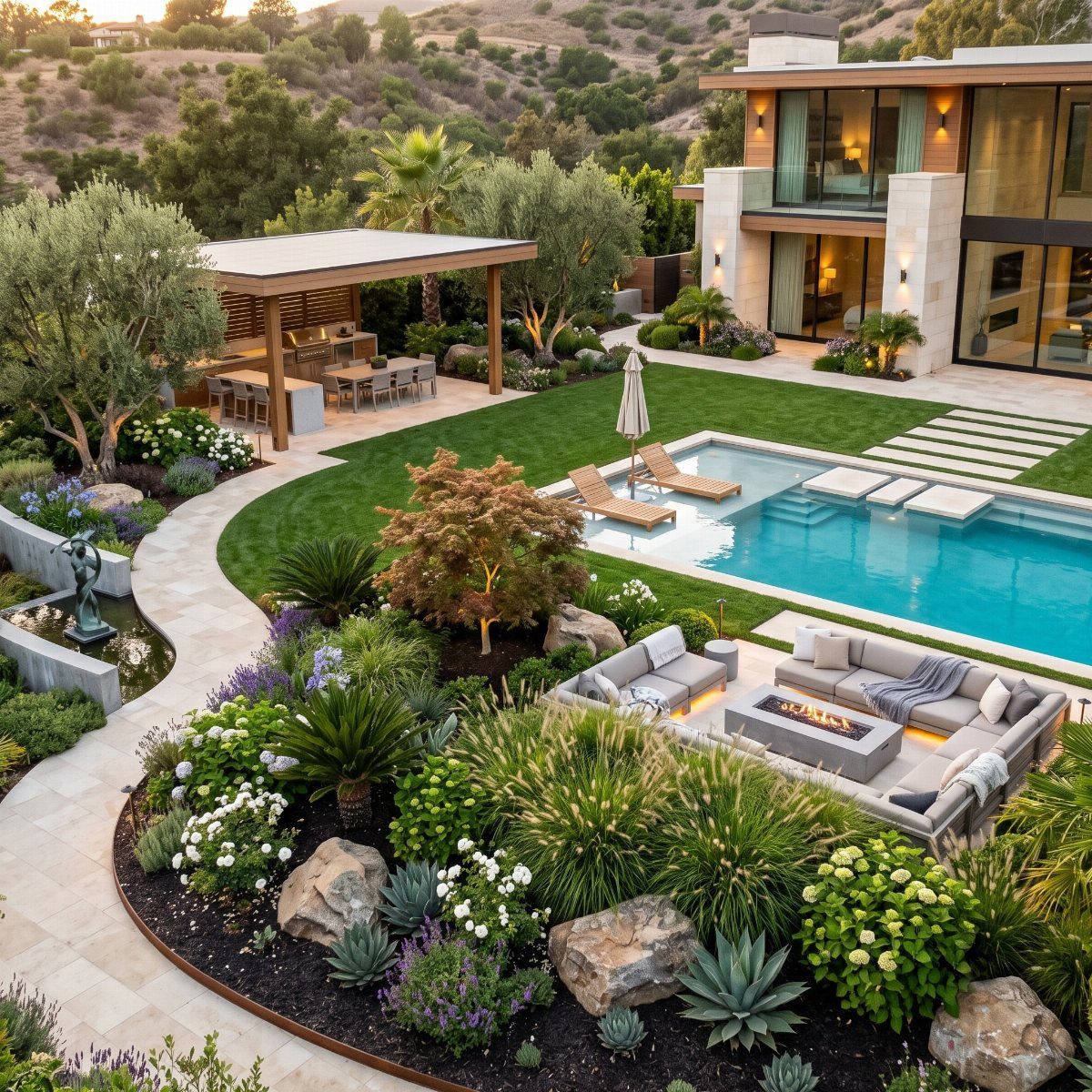 12 Dream Backyard Garden Ideas with Outdoor Kitchens to Natural Pools 10 Luxury backyard with a swimming pool, dining pergola, and sunken fire pit lounge area.