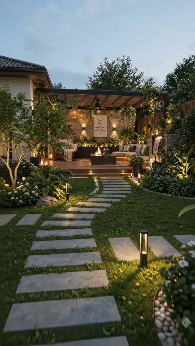 12 Dream Backyard Garden Ideas with Outdoor Kitchens to Natural Pools 5 Stone stepping stones lead through a green lawn toward a lit patio with outdoor sofas.