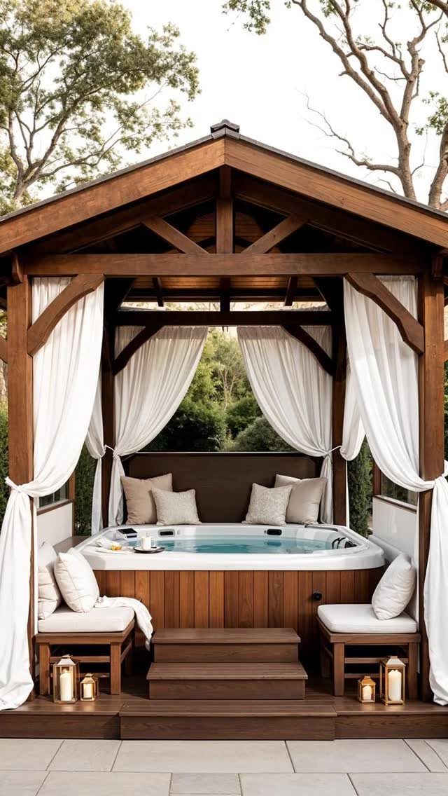 12 Dream Backyard Garden Ideas with Outdoor Kitchens to Natural Pools 9 A wooden gazebo containing a built-in hot tub with white curtains and patio seating.