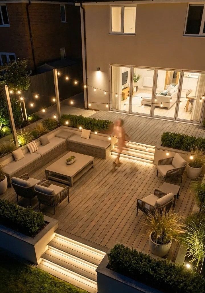 12 Dream Backyard Garden Ideas with Outdoor Kitchens to Natural Pools 8 A modern wooden outdoor deck with built-in seating, armchairs, and illuminated steps at night.