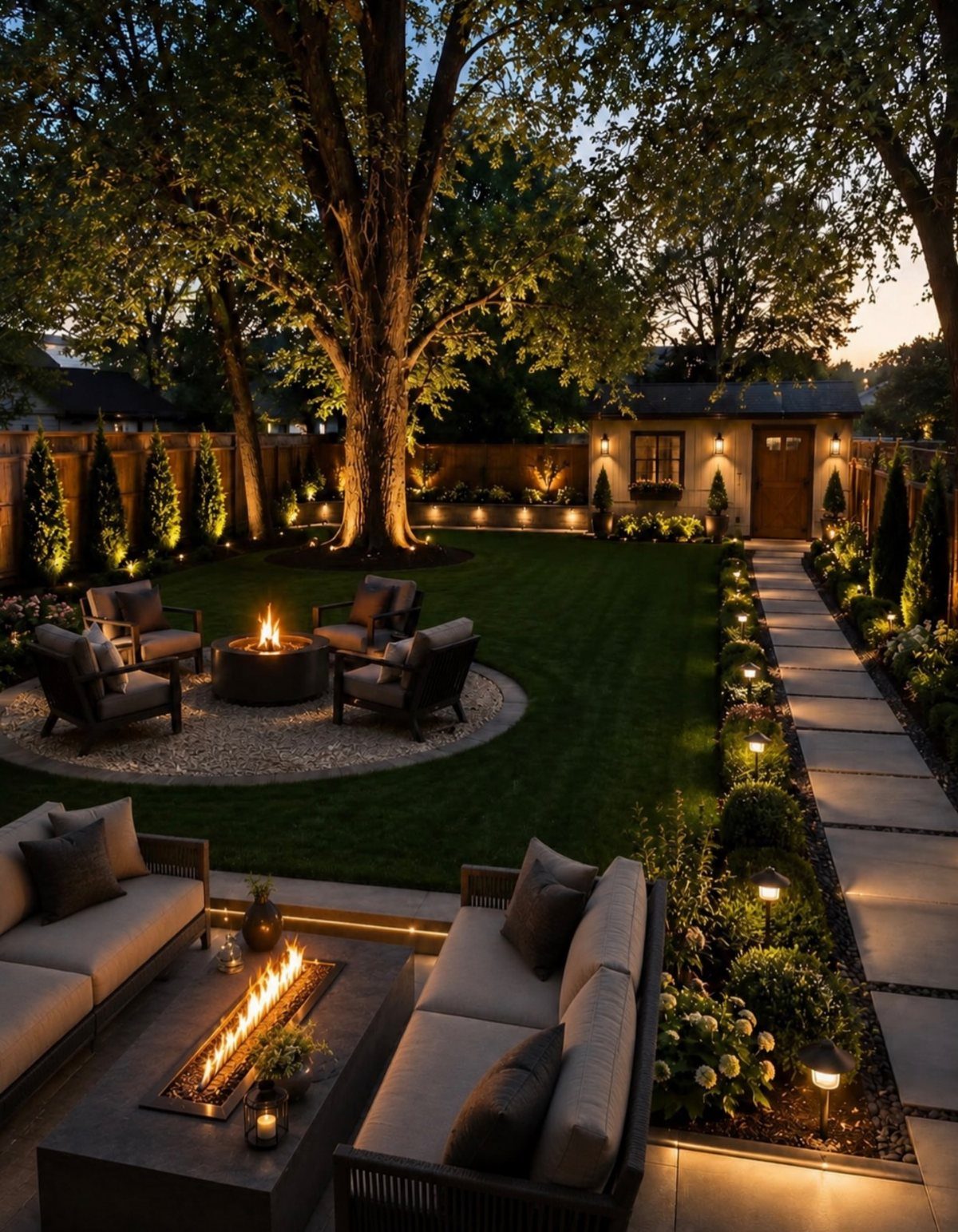 12 Dream Backyard Garden Ideas with Outdoor Kitchens to Natural Pools 11 Luxurious backyard garden at dusk with outdoor sofas, fire pits, and illuminated stone pathways.