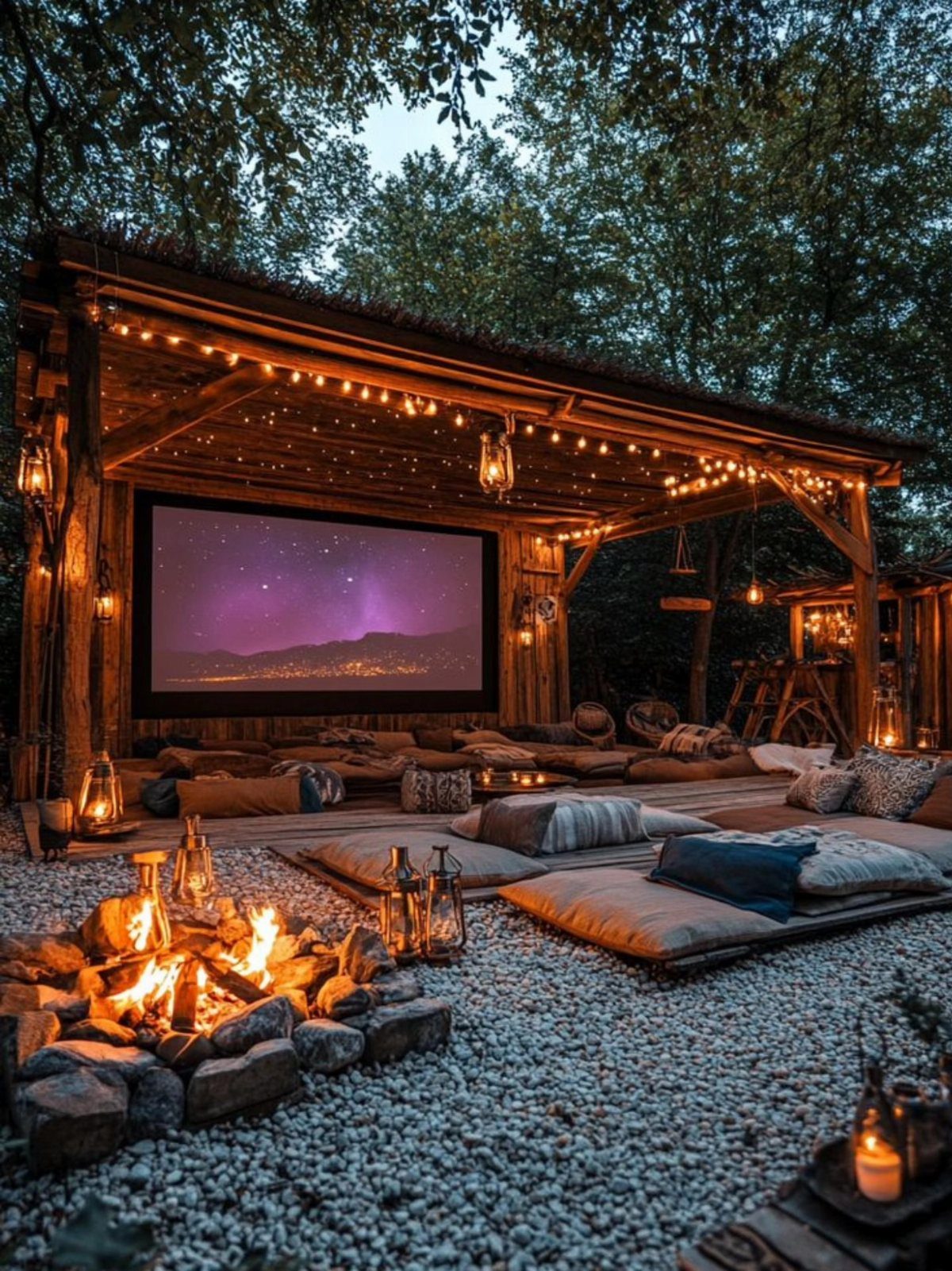 12 Dream Backyard Garden Ideas with Outdoor Kitchens to Natural Pools 4 Wooden outdoor cinema structure with string lights, floor cushions, and a glowing fire pit.