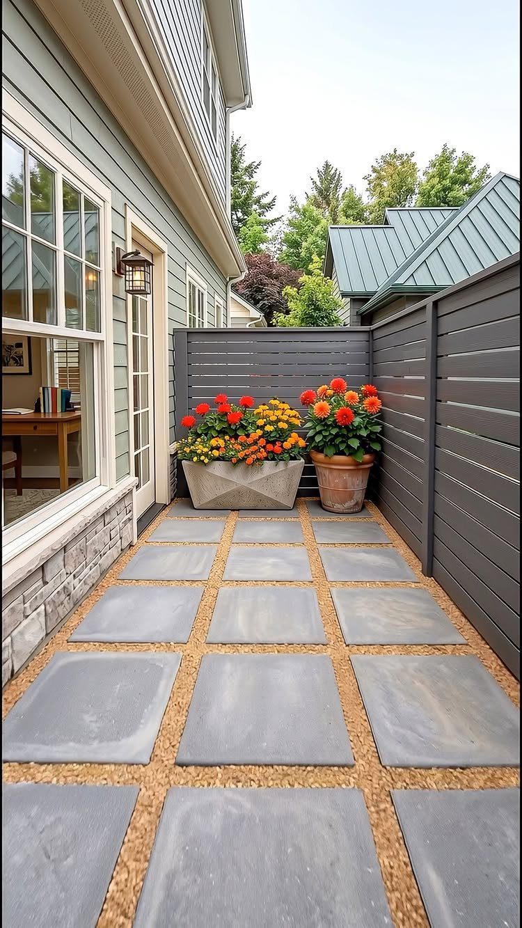 7 Easy DIY Patio Ideas With Paver Floors, Pallets and Gravel 5 Grey stone pavers arranged in a grid pattern with gravel between them on a patio walkway.