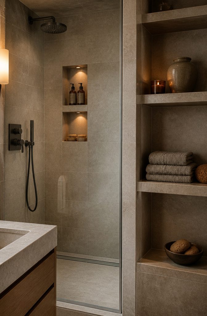 10 En Suite Storage Ideas to Reclaim Your Space in 2026 5 Built-in wall niches in a tiled shower for storage.