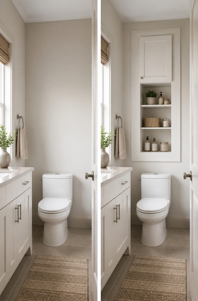 10 En Suite Storage Ideas to Reclaim Your Space in 2026 1 A narrow pull-out storage cabinet beside a toilet.