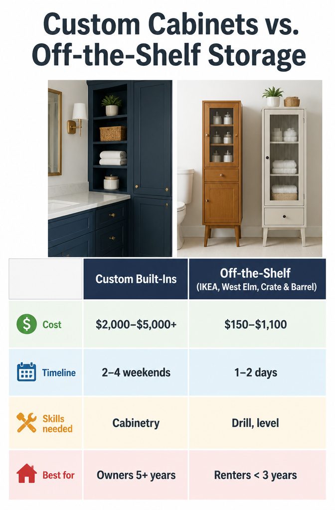 10 En Suite Storage Ideas to Reclaim Your Space in 2026 12 Comparison of custom cabinets and off-the-shelf storage options.