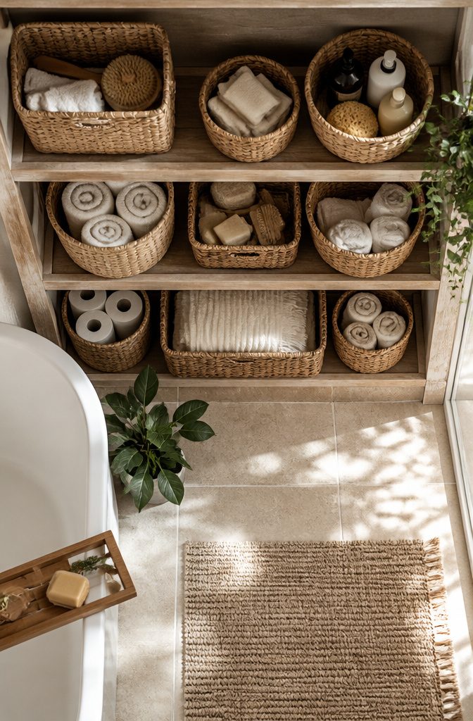10 En Suite Storage Ideas to Reclaim Your Space in 2026 9 Woven baskets placed on open shelving in a bathroom.