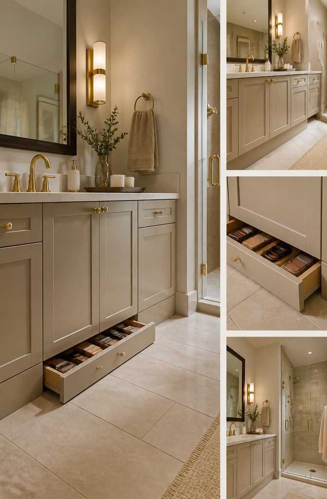 10 En Suite Storage Ideas to Reclaim Your Space in 2026 8 A toe-kick drawer that pulls out from under a bathroom vanity.