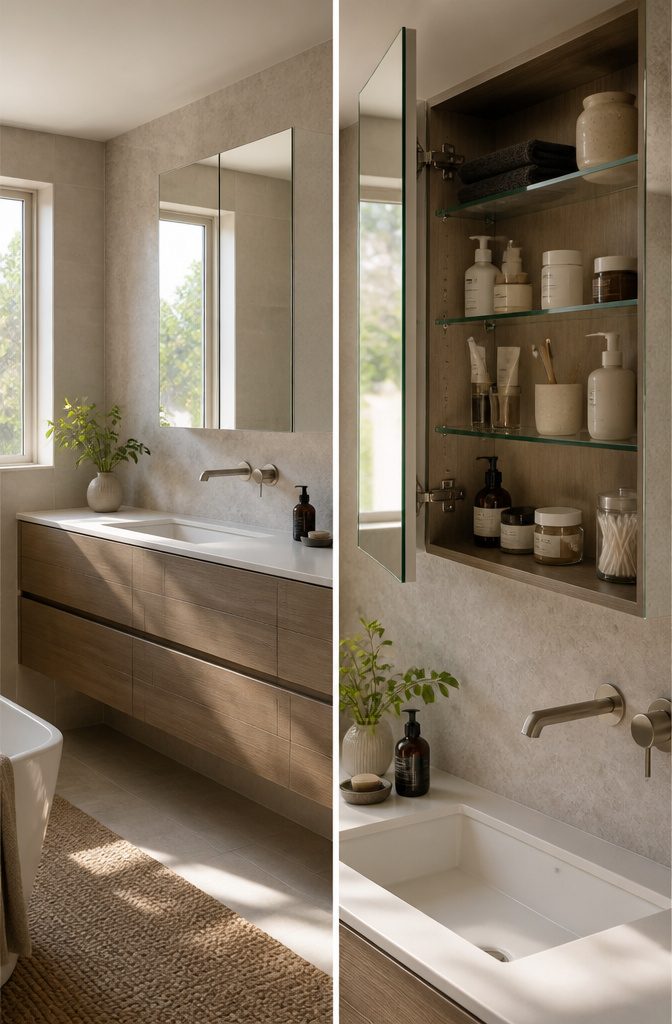 10 En Suite Storage Ideas to Reclaim Your Space in 2026 4 A mirrored cabinet mounted on a wall with shelves behind it.