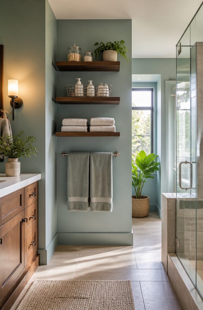 10 En Suite Storage Ideas to Reclaim Your Space in 2026 3 Wall-mounted open shelves holding towels and toiletries.