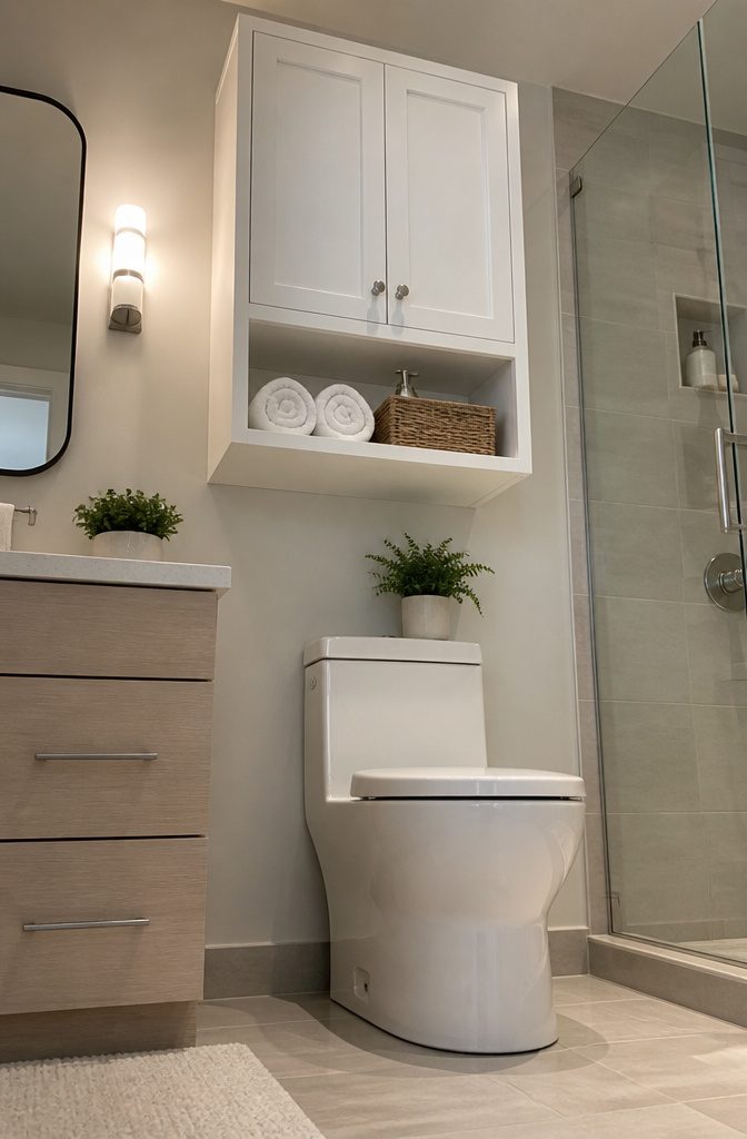 10 En Suite Storage Ideas to Reclaim Your Space in 2026 6 Storage cabinet mounted above a toilet for additional organization.