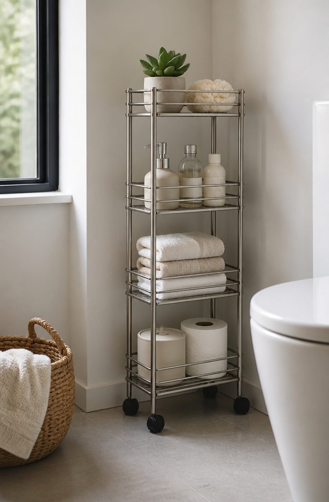 10 En Suite Storage Ideas to Reclaim Your Space in 2026 7 A metal cart on wheels positioned between a toilet and wall.