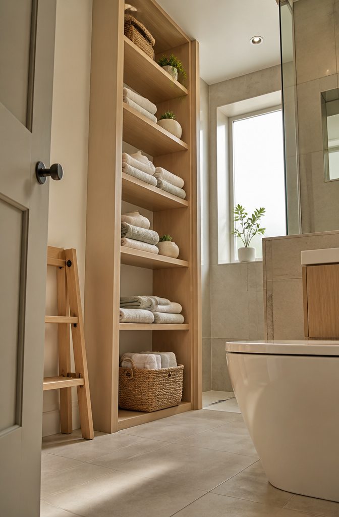 10 En Suite Storage Ideas to Reclaim Your Space in 2026 13 Tall shelves installed in a small bathroom to use vertical space.