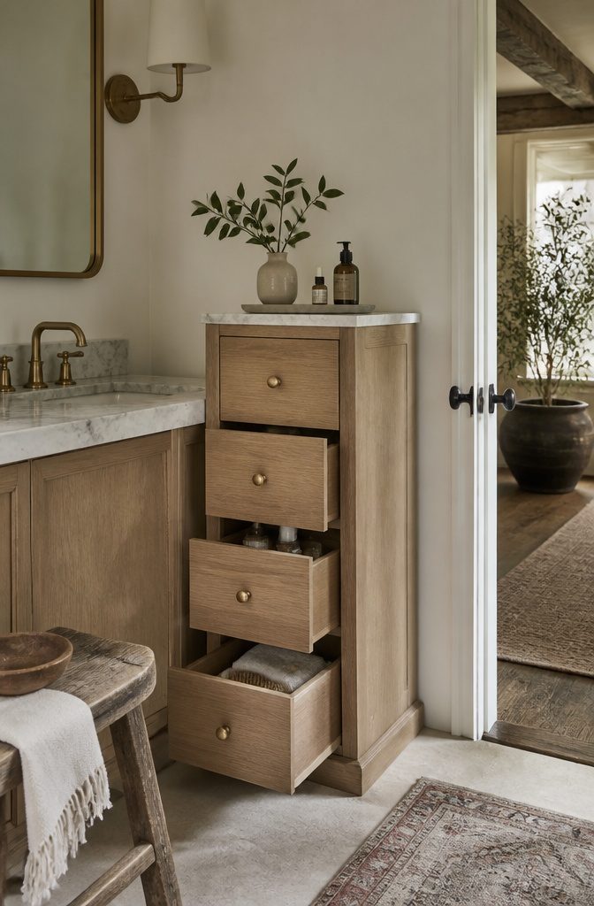 10 En Suite Storage Ideas to Reclaim Your Space in 2026 2 A compact bathroom vanity with a freestanding storage tower beside it.