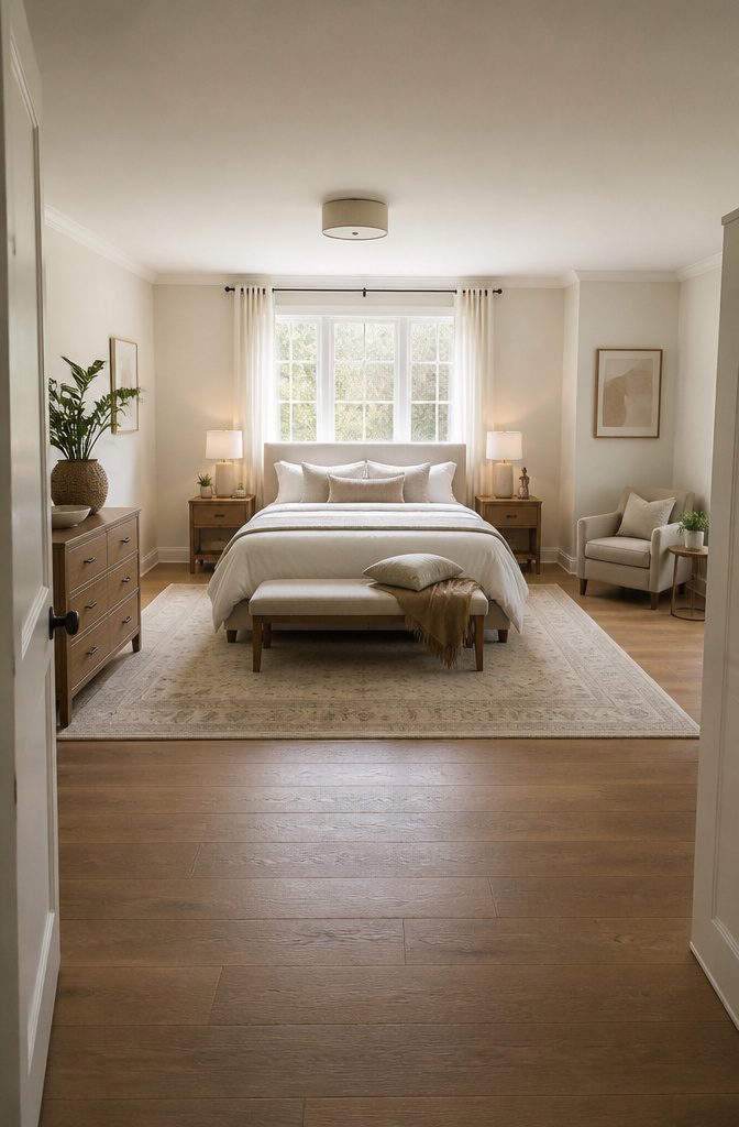 8 Functional Bedroom Ideas for Calm, Organized Spaces in 2026 9 A queen bed with sufficient walking space on both sides.