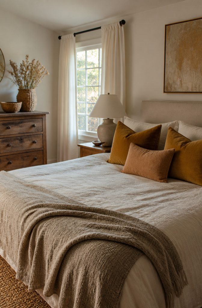 8 Functional Bedroom Ideas for Calm, Organized Spaces in 2026 5 A cozy bedroom with velvet pillows and a woven throw on the bed.