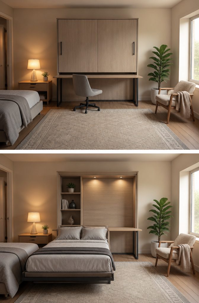 8 Functional Bedroom Ideas for Calm, Organized Spaces in 2026 2 A pop-up storage bed with a neatly made bed and a chair nearby.