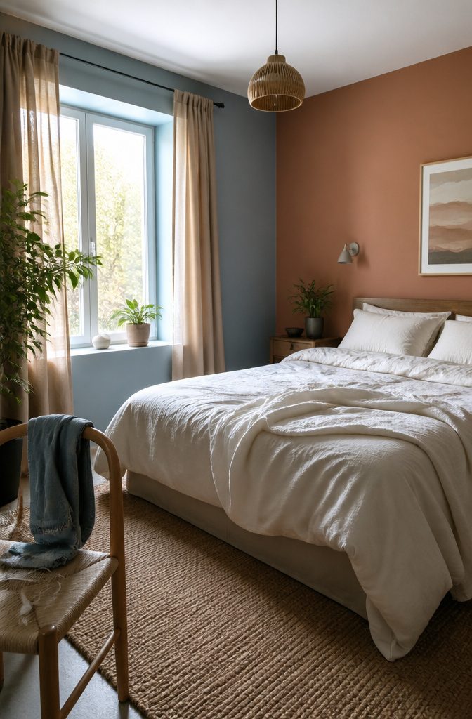 8 Functional Bedroom Ideas for Calm, Organized Spaces in 2026 1 A bedroom with soft terracotta and pale blue walls, and rumpled white linen.